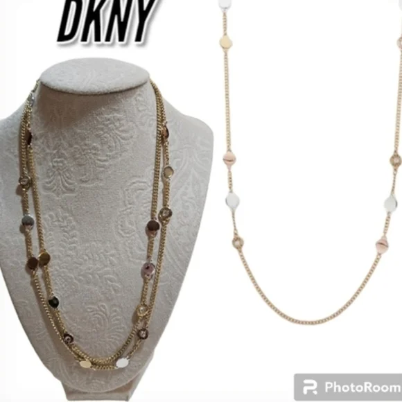 DKNY Tri Tone Crystal & Logo Disc 42" Statement Necklace - Picture 2 of 10